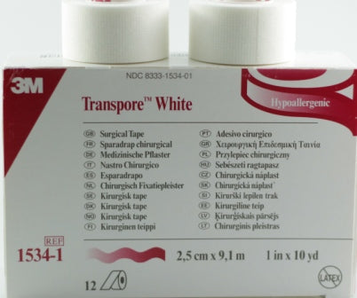 Bx/12  Transpore Tape, 1In X 10Yd, White.