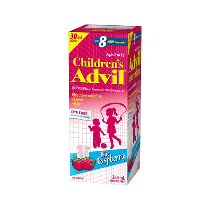 Children's Advil Fever and Pain Relief Ibuprofen Oral Suspension, Dye Free, Blue Raspberry, 230 mL