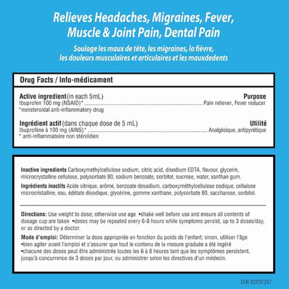 Children's Advil Fever and Pain Relief Ibuprofen Oral Suspension, Dye Free, Grape, 100 mL