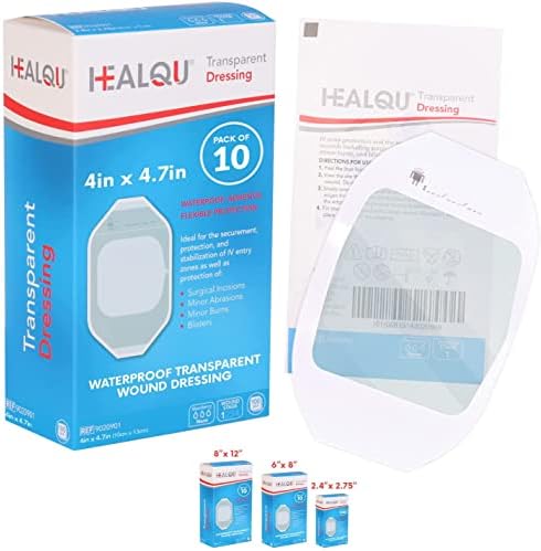 Transparent Film Dressing, 4" x 4.7" Pack of 10 Waterproof Wound Bandage Adhesive Patches, Post Surgical Shower or IV Shield, Tattoo Aftercare Bandage by Healqu