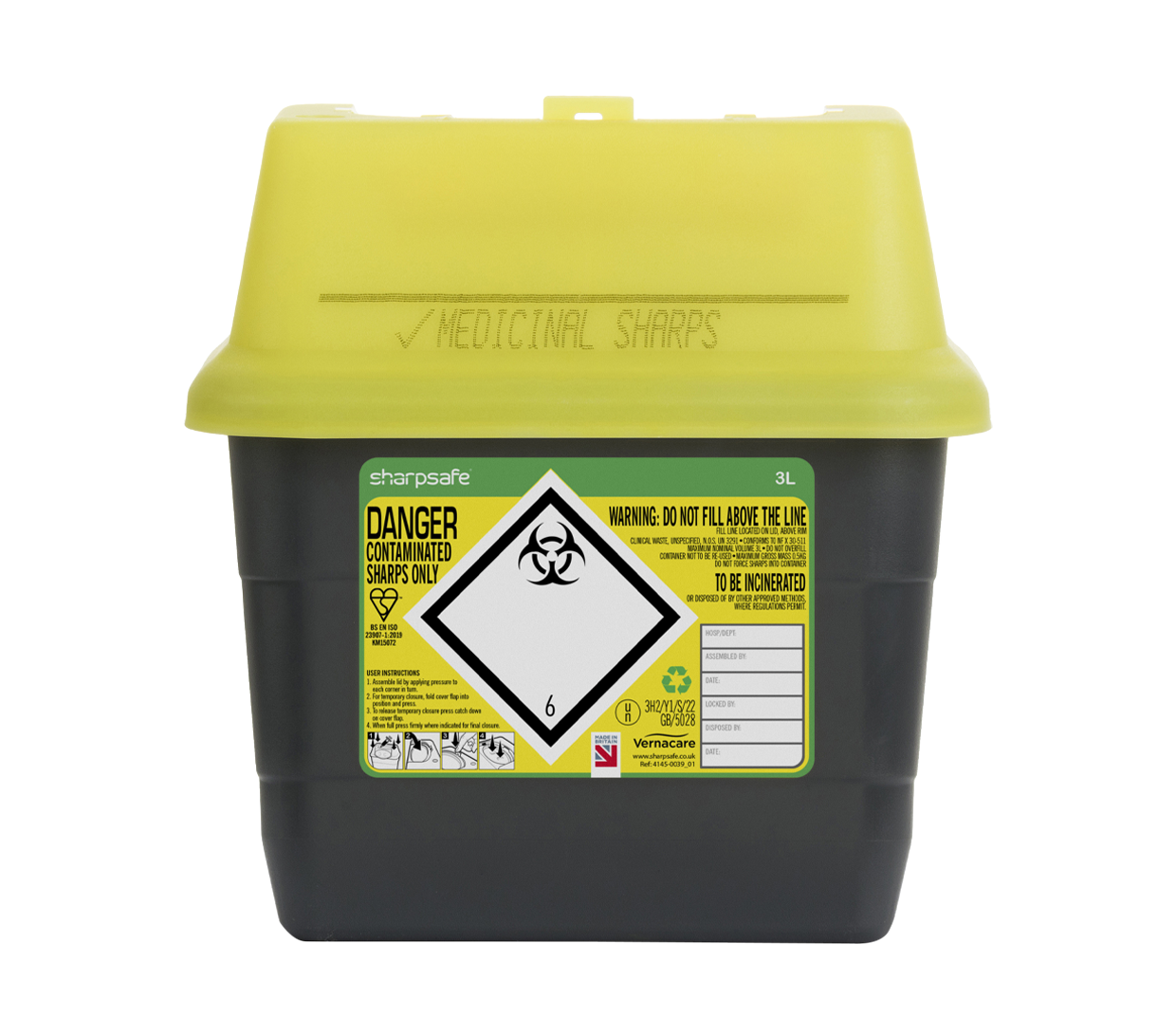 Sharpsafe® Sharps Container, Flip Top Lid, 3L