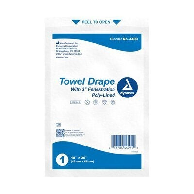 Dynarex® Disposable Towel Drapes, Sterile, 3" Fenestration, 18" x 26" (Box 50 pcs)