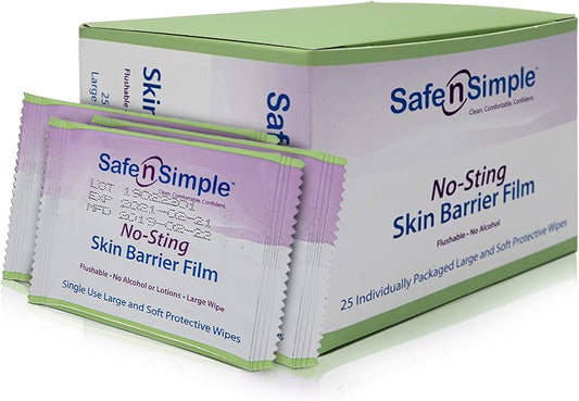 Safe n' Simple Skin Barrier Wipes - 25 Large 5” x 7” Individually Wrapped No-Sting Barrier Film Wipes - Skin Prep Protective Wipes - Bandage Medical Barrier Film for Skin