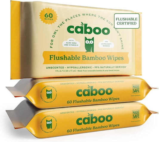 Caboo Flushable Bamboo Wipes, Certified Septic Safe Flushable Wipes for Adults, Unscented, 3 Pack