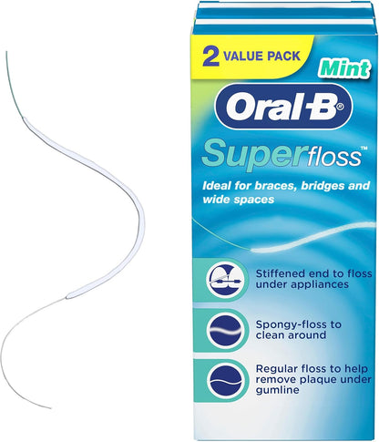 Oral-B Super Floss Pre-Cut Strands, Ideal for Braces, Bridges, and Wide Spaces, 50 Count Pack (2 Pack)