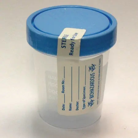 Pk/100 Leakbuster Specimen Container 90Ml Sterile White Polypropylenequick-Turn Closure Yellow O-Ring Cap Tamper-Tab Label
