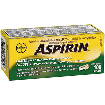ASPIRIN Regular Strength 325mg, Fast & Effective Relief of Headaches, Joint & Body Pain, Fever, Pain from Cold & Flu, 100 Tablets