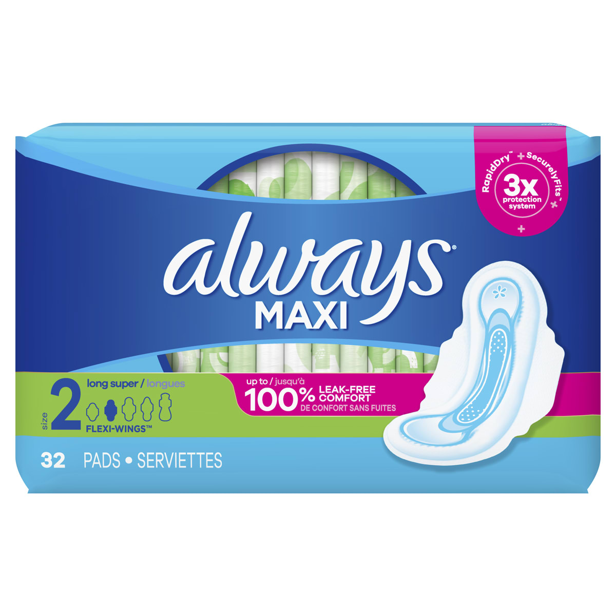 Always: Maxi Size 2 Long Super Pads With Wings, Unscented