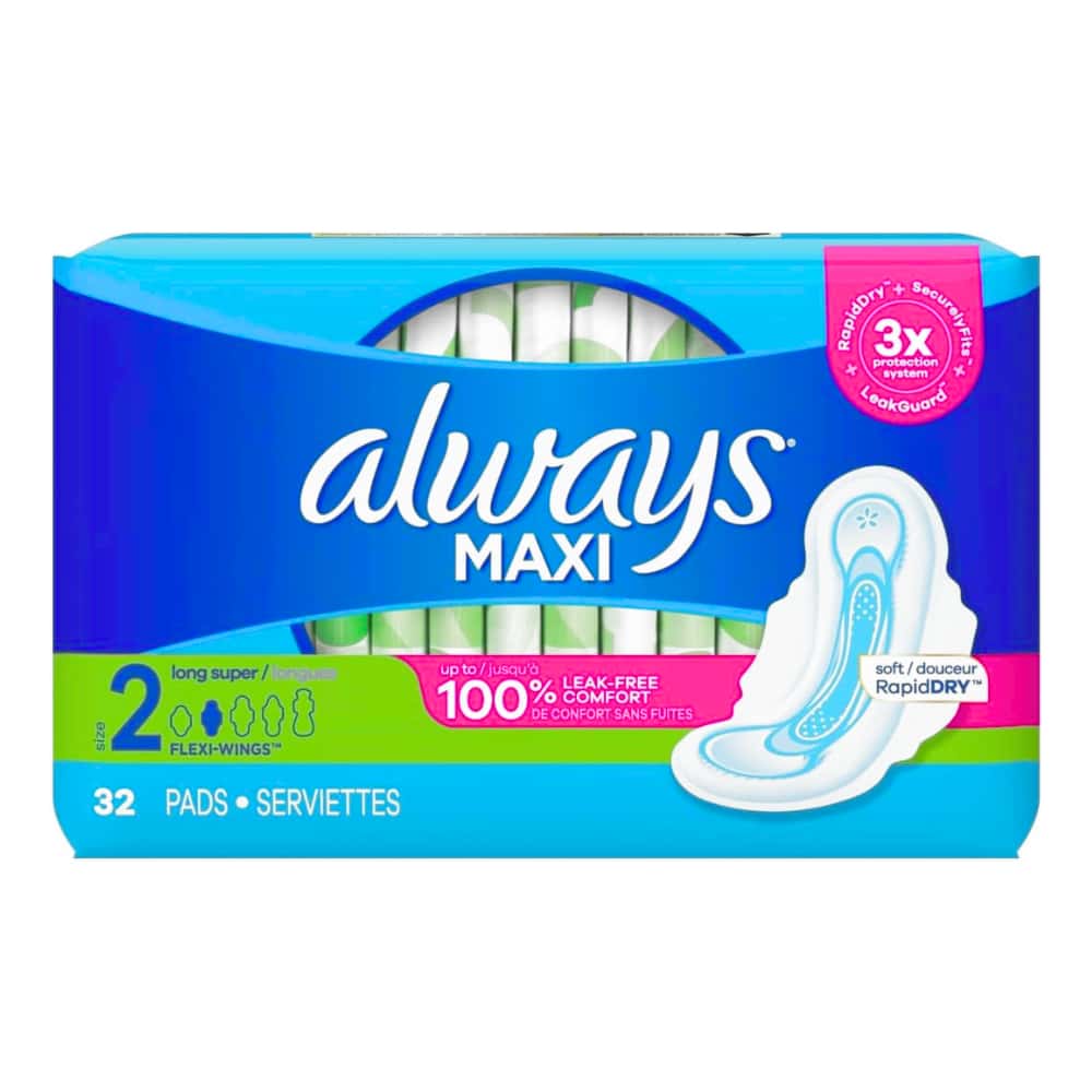Always: Maxi Size 2 Long Super Pads With Wings, Unscented
