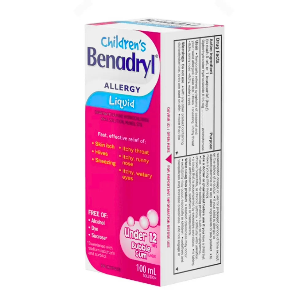 Benadryl kids allergy liquid bubble gum 100ml safe purchase