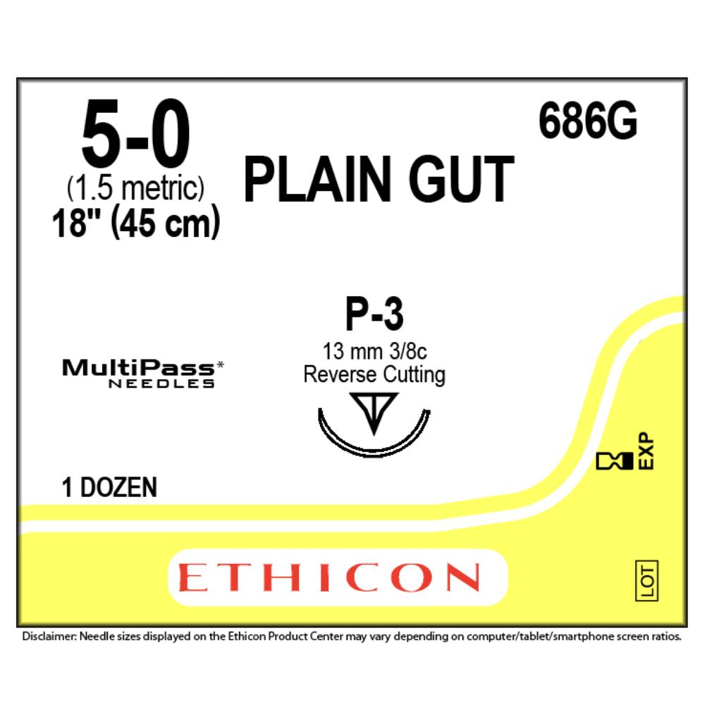 ETHICON® Plain Gut Suture, 686G (5-0 w/P3 Needle)