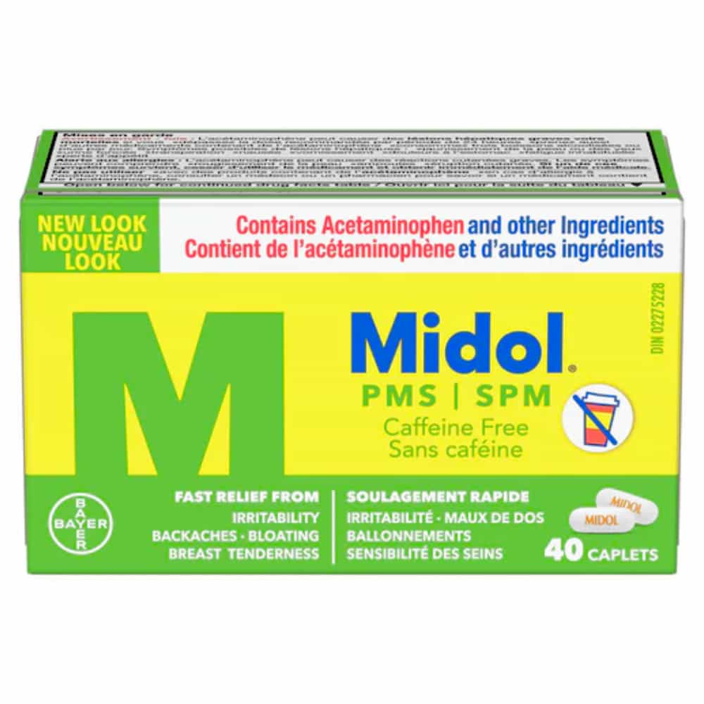 Midol PMS Caffeine-Free, Fast Relief of Pre-Menstrual Period Symptoms such as Irritability, Bloating, Cramps, Breast tenderness, Backache, Headaches and Muscle Aches. 40 Caplets