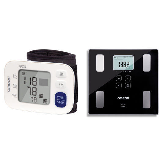 Omron BP6100 3 Series Wrist Blood Pressure Monitor &amp; BCM-500 Body Composition Monitor and Scale with Bluetooth Connectivity