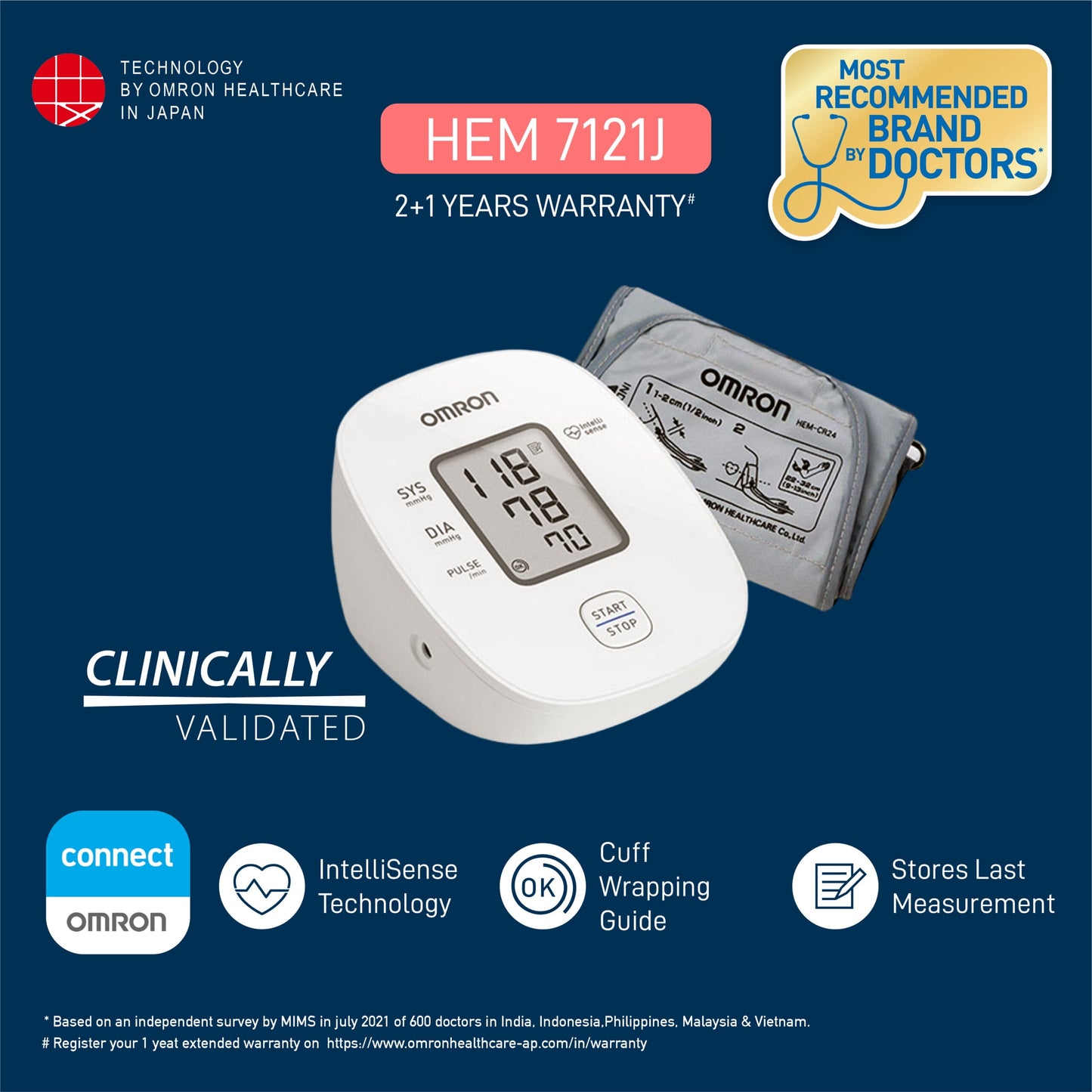 Omron HEM 7121J with Cuff Wrapping Guide and IntelliSense Technology