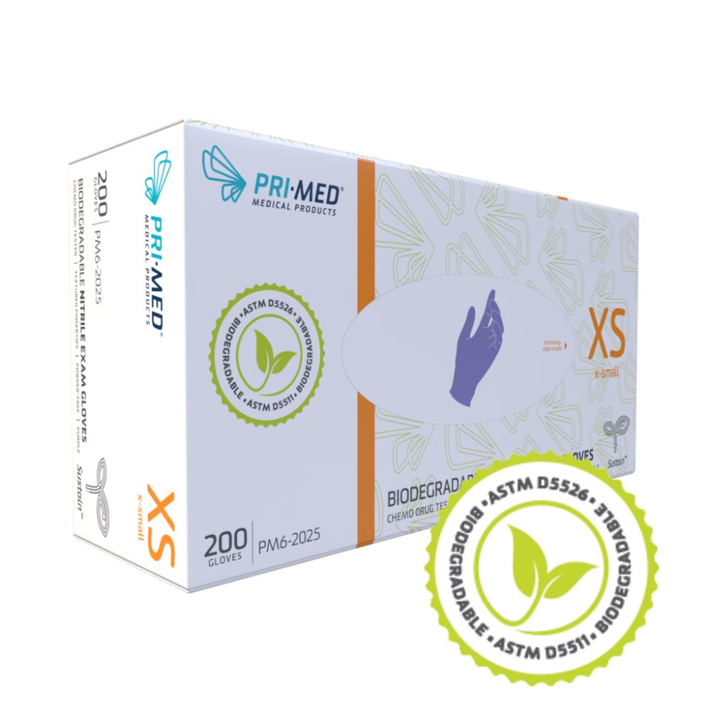 PRIMED® Sustain™ Biodegradable Nitrile Exam Gloves (200 per box), X-Small