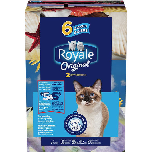 Royale: Original 2 Ply Facial Tissue, Soft & Strong, 6 Tissue Boxes, 100 Tissues Per Box