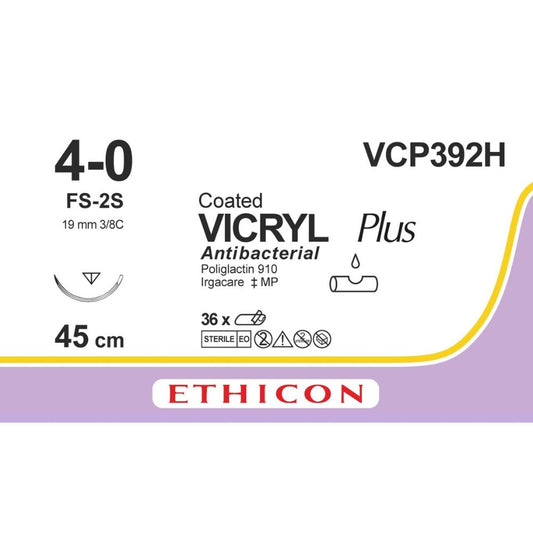COATED VICRYL® Plus Antibacterial (polyglactin 910) Suture VCP392H, (4-0 w/FS-2S Needle) (Box 36 pcs)