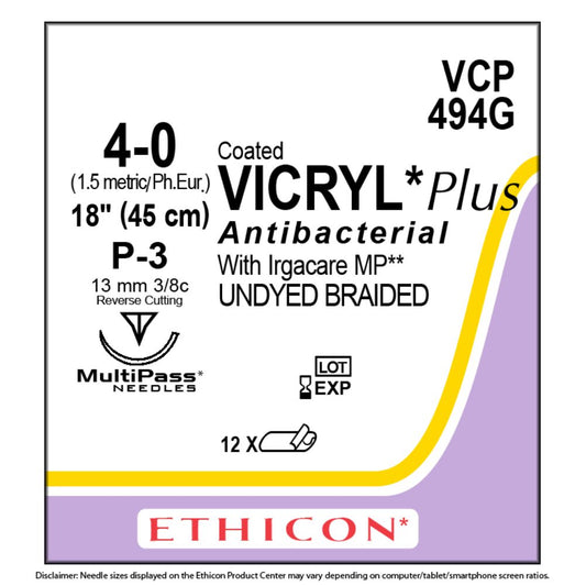 COATED VICRYL® Plus Antibacterial (polyglactin 910) Suture VCP494G, (4-0 w/P-3 Needle) (Box 12 pcs)