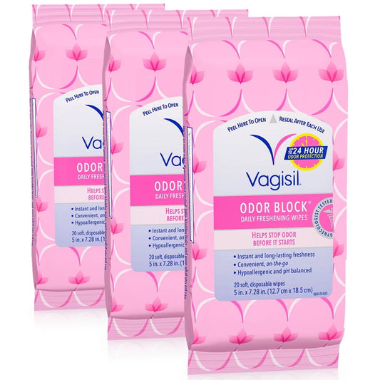 Vagisil Odor Block Daily Freshening Wipes Resealable Pouch 20 ct. 3 Pack .