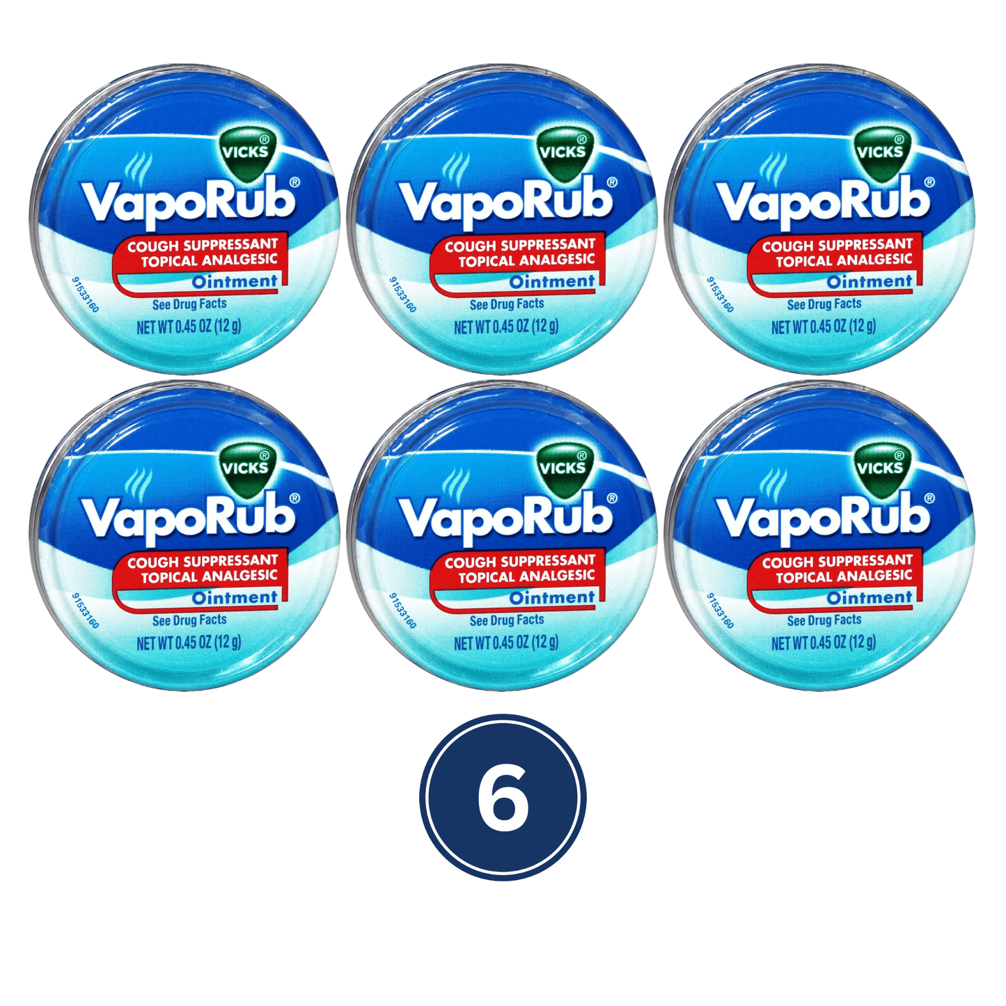 Vicks Cough Suppressant Topical Analgesic Ointment Travel Tin 0.45 oz. 6 Pack