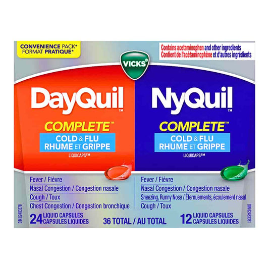 Vicks DayQuil and NyQuil COMPLETE Cold, Flu and Congestion Medicine, 36 LiquiCaps, Relieves Cough, Sore Throat Pain, Fever, Runny Nose, Congestion, Daytime and Nighttime