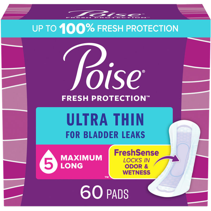 Poise Ultra Thin Postpartum Incontinence Pads with Wings, Light Absorbency, Regular Length, 60 Count