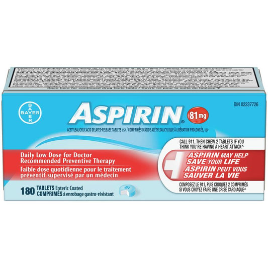 ASPIRIN 81mg, Daily Low Dose Enteric Coated Tablets, 180 Tablets