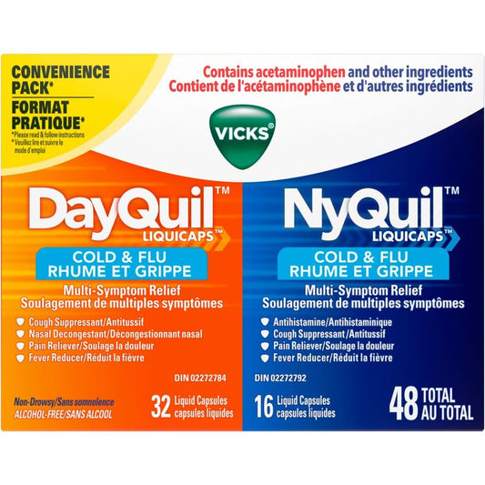 DayQuil Cold & Flu Multi-Symptom Relief Liquid Capsules + Vicks NyQuil Cold & Flu Multi-Symptom Relief Liquid Capsules, Total 48 Count