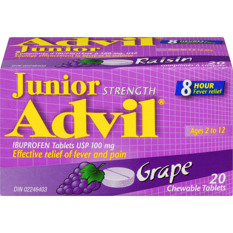 Junior Strength Advil Pain Reliever and Fever Reducer Ibuprofen Chewable Tablets, Grape, 20 Count