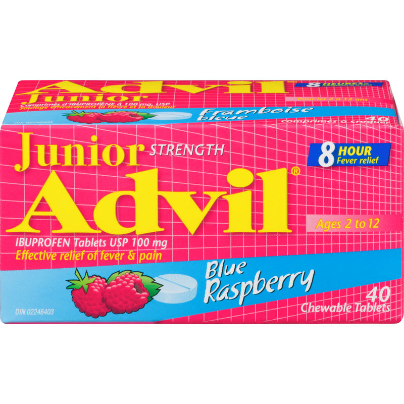 Junior Strength Advil Pain Reliever and Fever Reducer Ibuprofen Chewable Tablets, Blue Raspberry, 40 Count