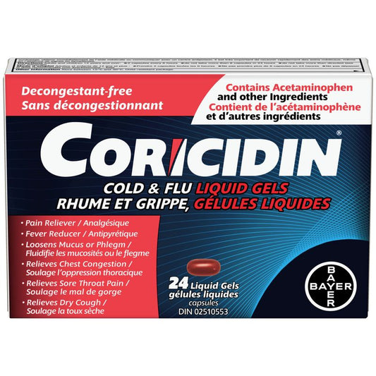 Coricidin Decongestant Free Cough and Cold Medicine - Cough, cold and flu medicine for adults – Effective Symptom Relief From Sore Throat, Cough, Chest Congestion, Fever, and Headaches, 24 Liquid Gels