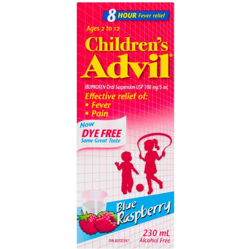 Children's Advil Fever and Pain Relief Ibuprofen Oral Suspension, Dye Free, Blue Raspberry, 230 mL