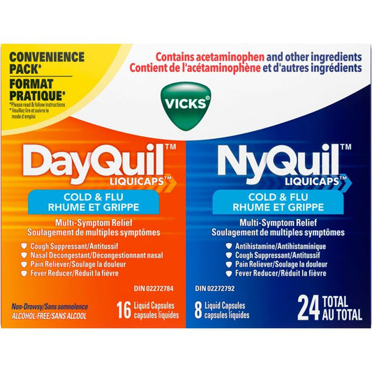 DayQuil Cold & Flu Multi-Symptom Relief Liquid Capsules + Vicks NyQuil Cold & Flu Multi-Symptom Relief Liquid Capsules, Total 24 Count