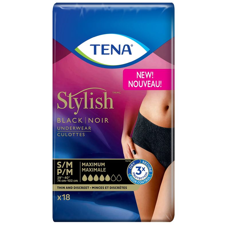 TENA Stylish Black Underwear Maximum Absorbency Small/Medium 18 Count