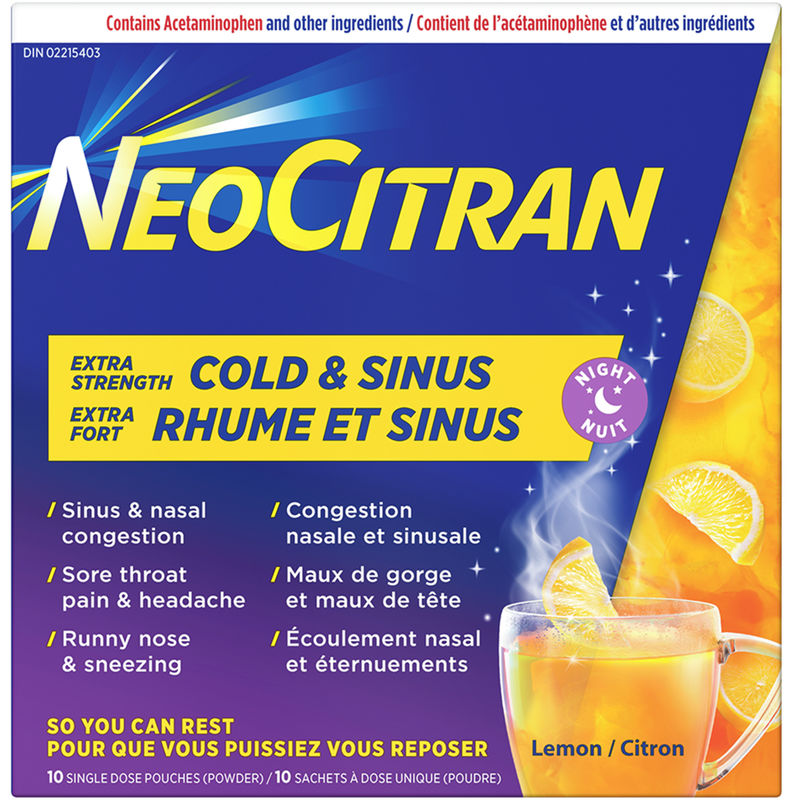 NeoCitran Cold & Sinus Night Hot Liquid Medication Extra Strength Lemon 10 pack