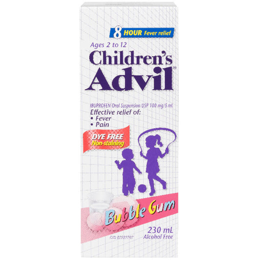 Children's Advil Fever and Pain Relief Ibuprofen Oral Suspension, Dye Free, Bubble Gum, 230 mL