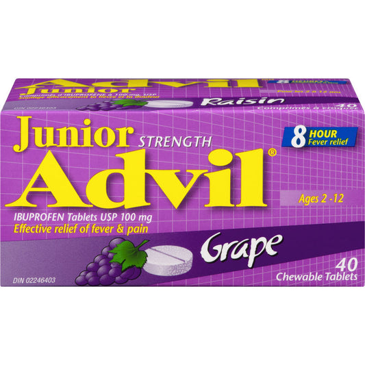 Junior Strength Advil Pain Reliever and Fever Reducer Ibuprofen Chewable Tablets, Grape, 40 Count