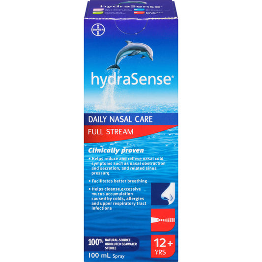 hydraSense Full Stream Nasal Spray, Daily Nasal Care, Fast Relief of Nasal Congestion, 100% Natural Source Seawater, Preservative-Free, 100 mL