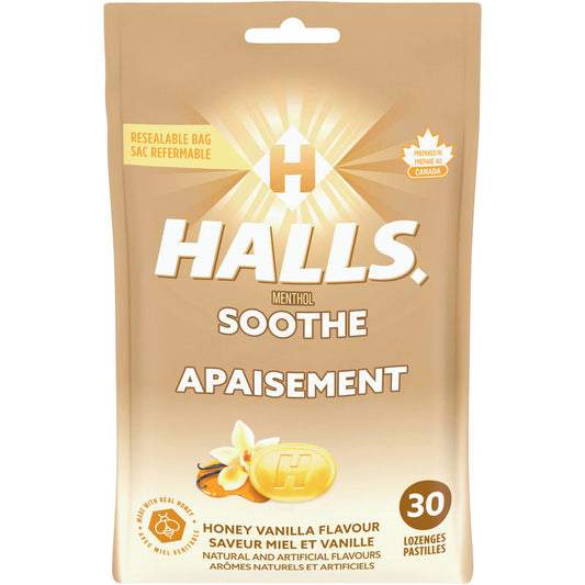 Halls Soothe Menthol Honey Vanilla Flavour, 30 Cough Drops