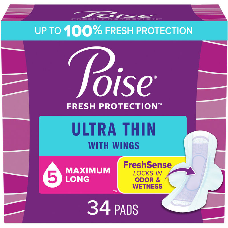 Poise Ultra Thin Postpartum Incontinence Pads, Maximum Absorbency, Long Length, 20 Count