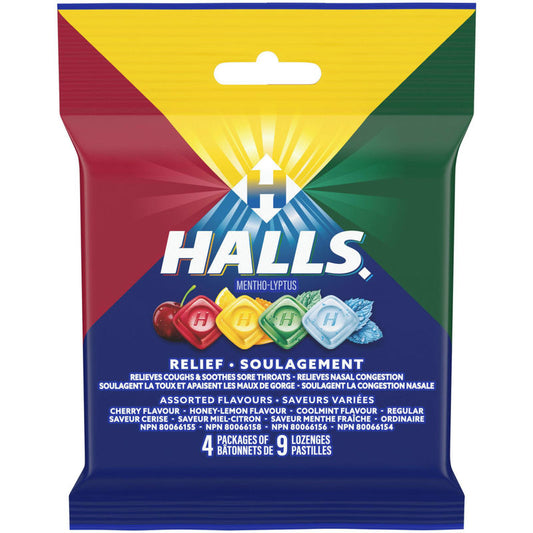 Halls Relief Mentho-lyptus Assorted Flavours, 4 x 9 Cough Drops Multipack