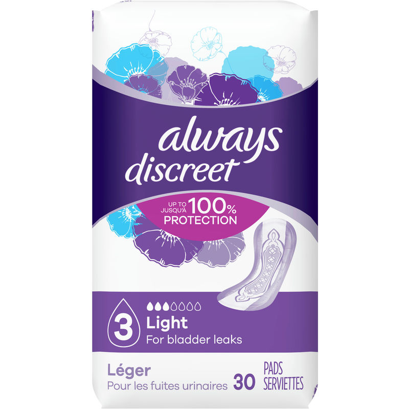 Discreet Light Incontinence Pads, 30 Count