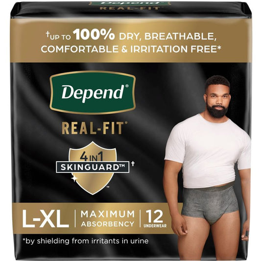 Depend Real Fit Incontinence Underwear for Men, Disposable, Maximum Absorbency, Large/Extra-Large, Black and Grey