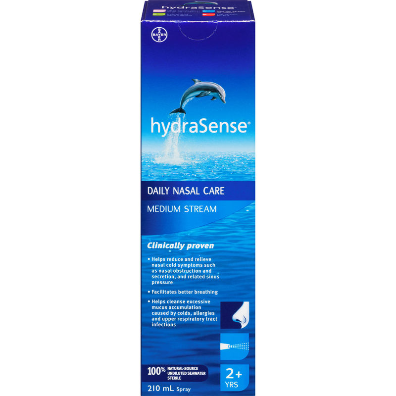 hydraSense Medium Stream Nasal Spray, Daily Nasal Care, Fast Relief of Nasal Congestion, 100% Natural Source Seawater, Preservative-Free, 210 mL