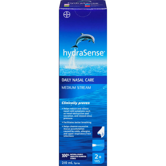 hydraSense Medium Stream Nasal Spray, Daily Nasal Care, Fast Relief of Nasal Congestion, 100% Natural Source Seawater, Preservative-Free, 210 mL