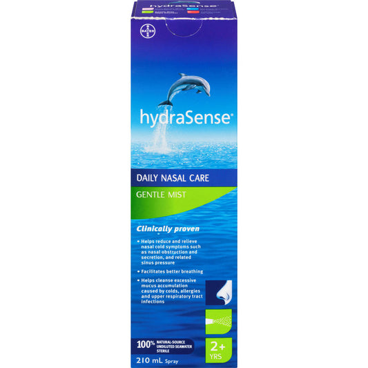 hydraSense Gentle Mist Nasal Spray, Daily Nasal Care, Fast Relief of Nasal Congestion, 100% Natural Source Seawater, Preservative-Free, 210 mL