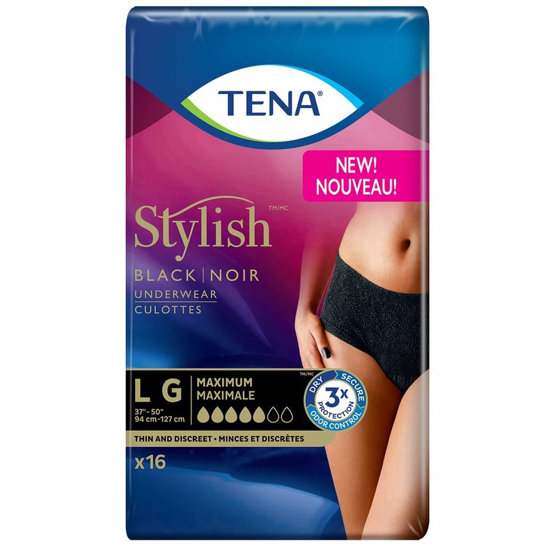 TENA Stylish Black Underwear Maximum Absorbency, Large, 16 Count