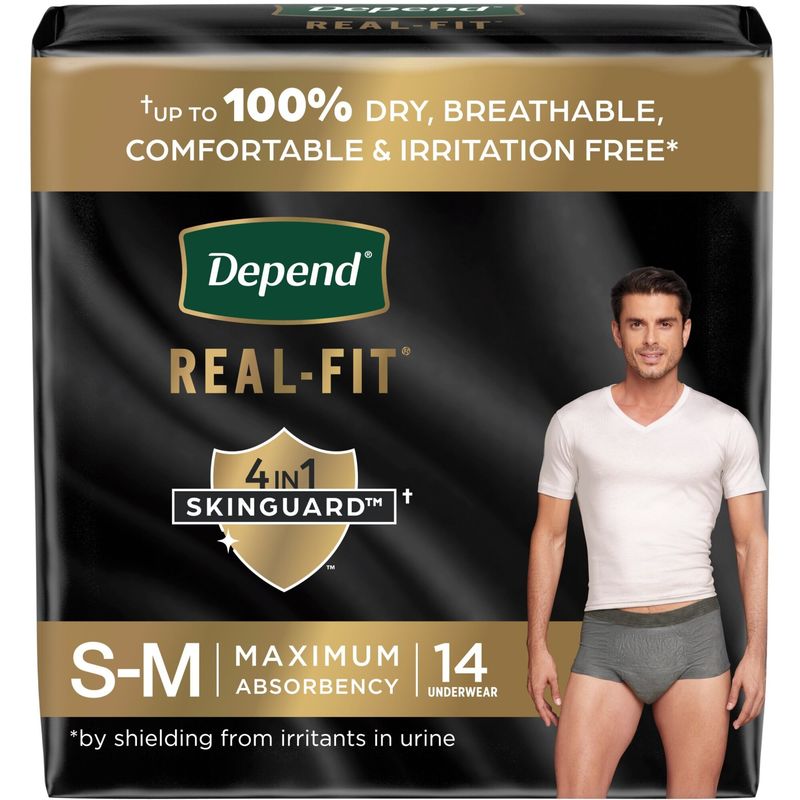 Depend Real Fit Incontinence Underwear for Men, Disposable, Maximum Absorbency, Small/Medium, Black and Grey