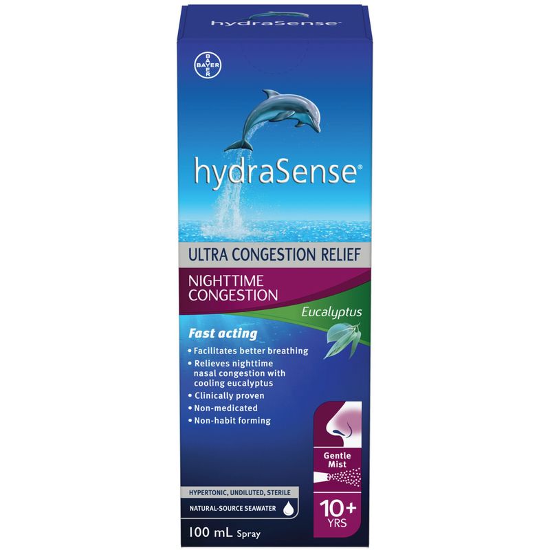 hydraSense Nighttime Congestion Nasal Spray -  with Cooling Eucalyptus, Ultra Nasal Congestion Relief Saline Spray, Fast Acting, Clinically-Proven, Non-Medicated, Non-Habit forming, Saline Solution, Natural Source Seawater, 100ml