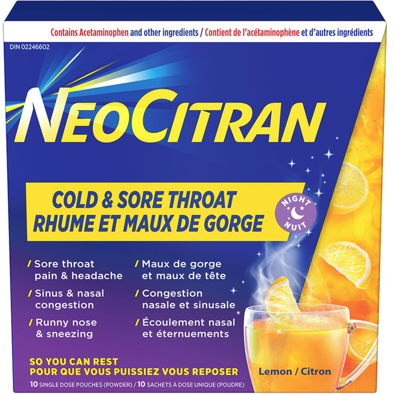 NeoCitran Cold & Sore Throat Night Hot Liquid Medication Regular Strength Lemon 10 pack